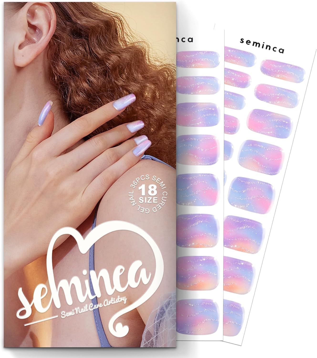 Semi Cured Gel Nail Strips-Whimsical Cloud Nail Art Press ons Multi-Color Cloud Design with Holographic Shimmer, Semi Cured Gel Nail Strips, Medium Coffin Shape(Celestial Canvas)