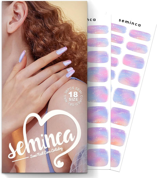 Semi Cured Gel Nail Strips-Whimsical Cloud Nail Art Press ons Multi-Color Cloud Design with Holographic Shimmer, Semi Cured Gel Nail Strips, Medium Coffin Shape(Celestial Canvas)