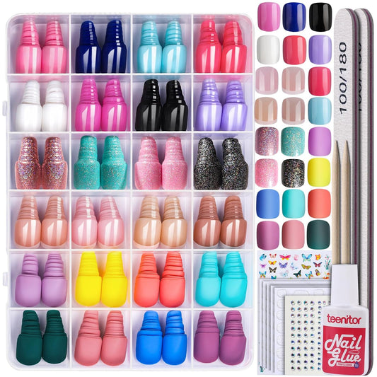 Teenitor 24Pack Short Press On Nails, 576Pcs Short Square Press On Nails, Matte Glossy Glitter French Nails, 12 Sizes Fake Nails With Glue