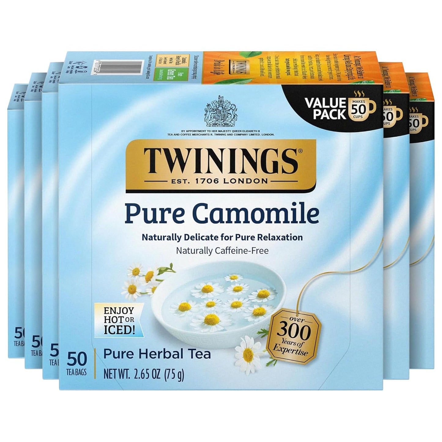 Twinings Pure Camomile Herbal Tea individually Wrapped Bags, 50 Count (Pack of 6), Naturally Caffeine-Free, Enjoy Hot or Iced, 300 Teabags