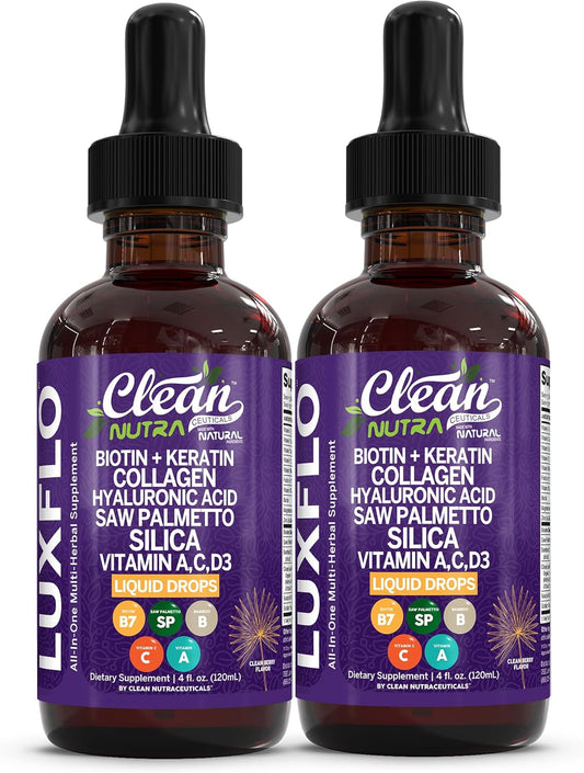 Biotin Liquid Drops Collagen Keratin Hyaluronic Acid Saw Palmetto for Hair Skin and Nails Silica Vitamin A C Vitamin D Bamboo Turmeric Zinc Folate Magnesium Horsetail LuxGlo by Clean Nutra - 2Pack