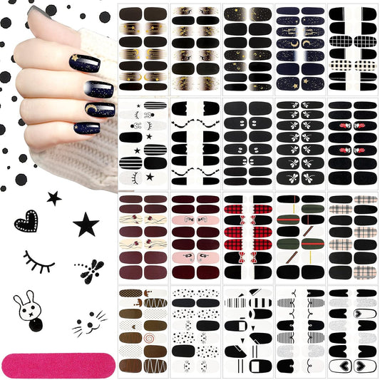 20 Sheets 280 Pieces Black Nail Wraps Self Adhesive Full Cover Nail Polish Stickers Halloween False Decals Manicure Stickers for Girls Women(Frisky Style)