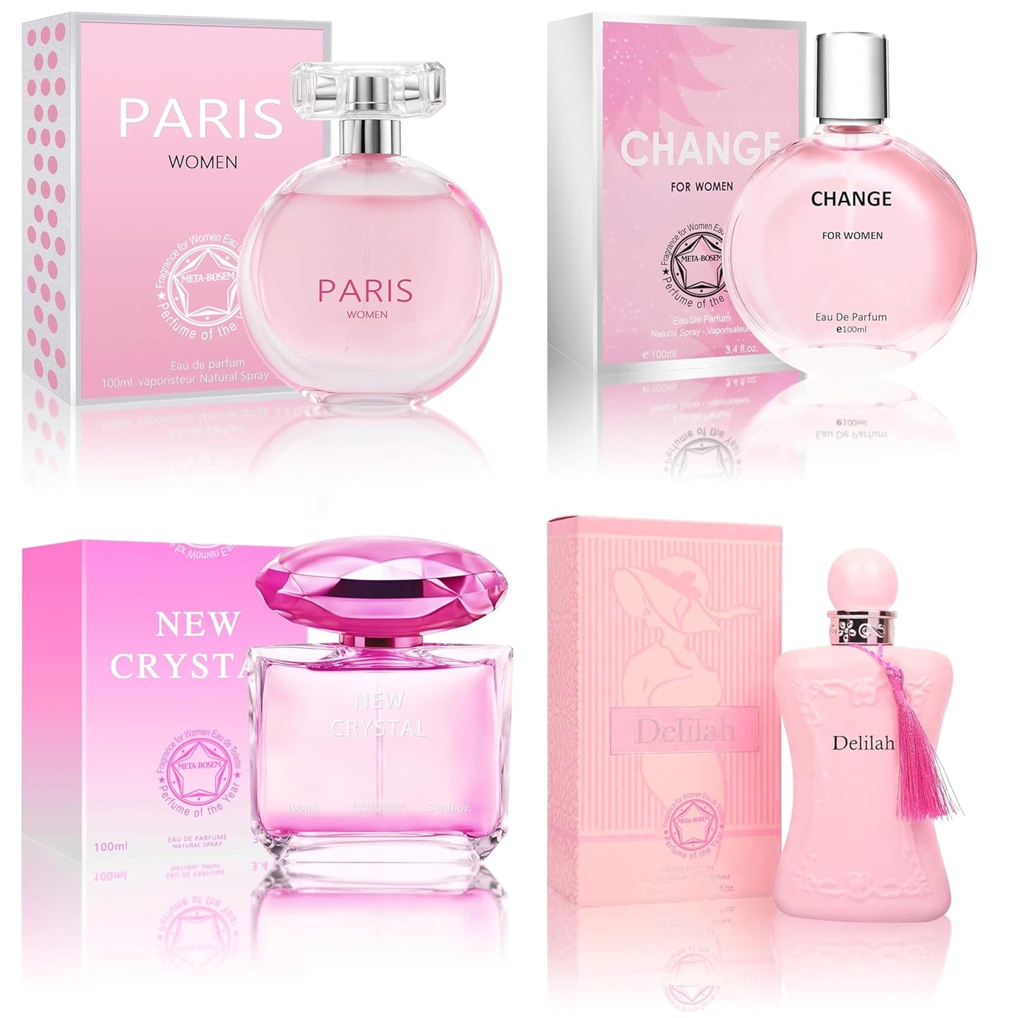META-BOSEM Perfume for Women Set (100ml x 4PCS Variety Pack), NewCrys, Delilah, ParisW, ChangeW, Long Lasting Perfume for Women All Day Use