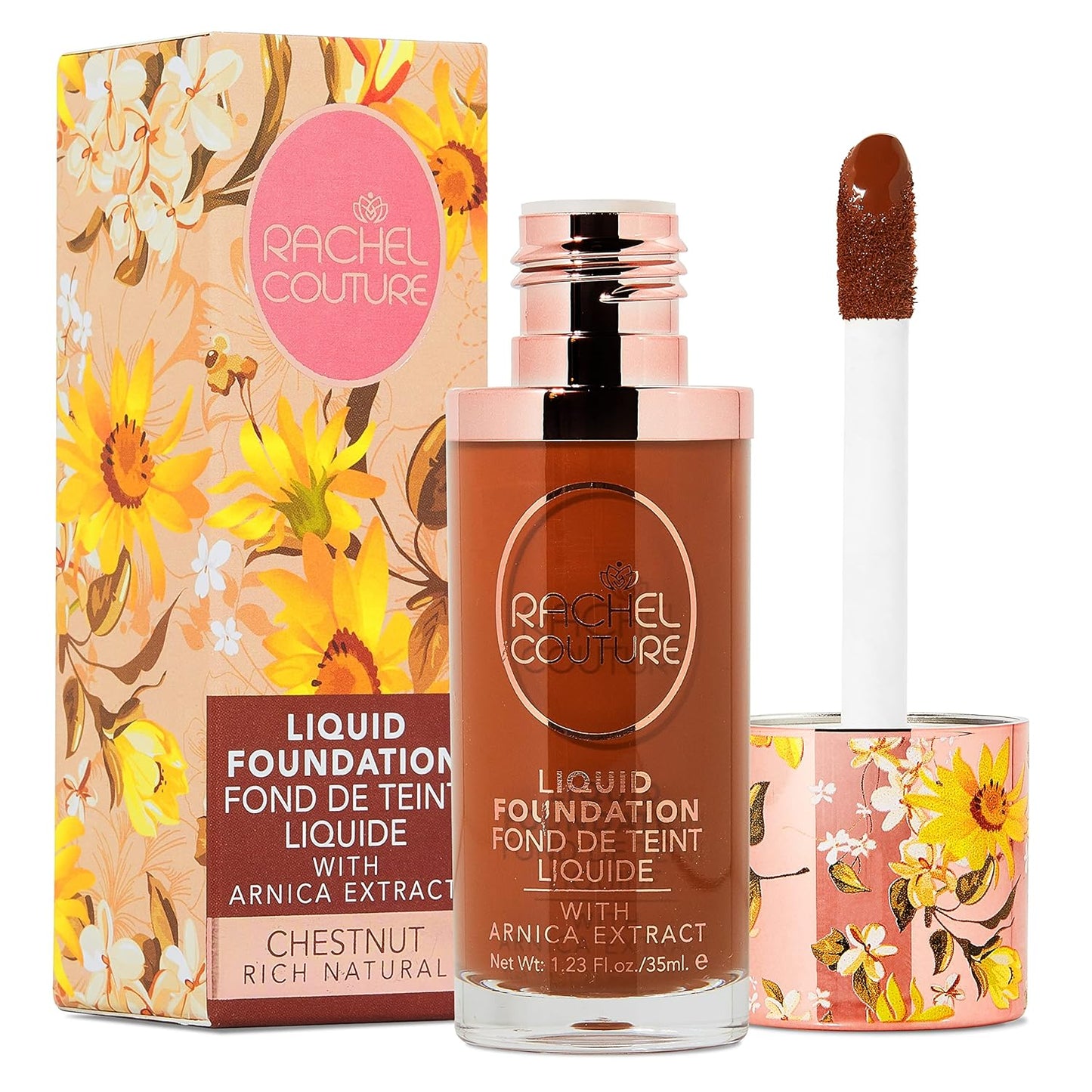 Rachel Couture Lightweight Liquid Foundation with Buildable Coverage & Matte Finish | Vegan & Cruelty-Free | Skin-Nourishing Arnica Extract Infusion - 1.18 Fl Oz - Chestnut