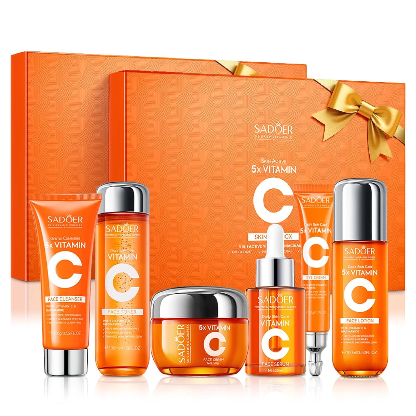 Compatibility Vitamin C Skincare kit SADODER,Skin Hydration | 2x Gift Box ( 6-Piece Face Care Kit ) Includes Toner,Serum, Cleanser,Moisturizer,Eye Cream & Body Lotion,Gift,Women