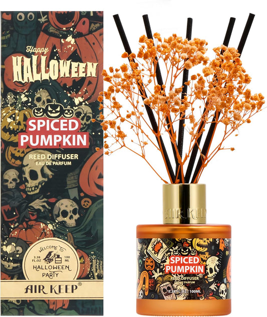 Airkeep Reed Diffuser Set,3.38 fl oz (100 ml) - Spiced Pumpkin Oil Diffusers with 8 Reed Sticks, Home Fragrance Reed Diffuser for Bathroom Shelf Decor