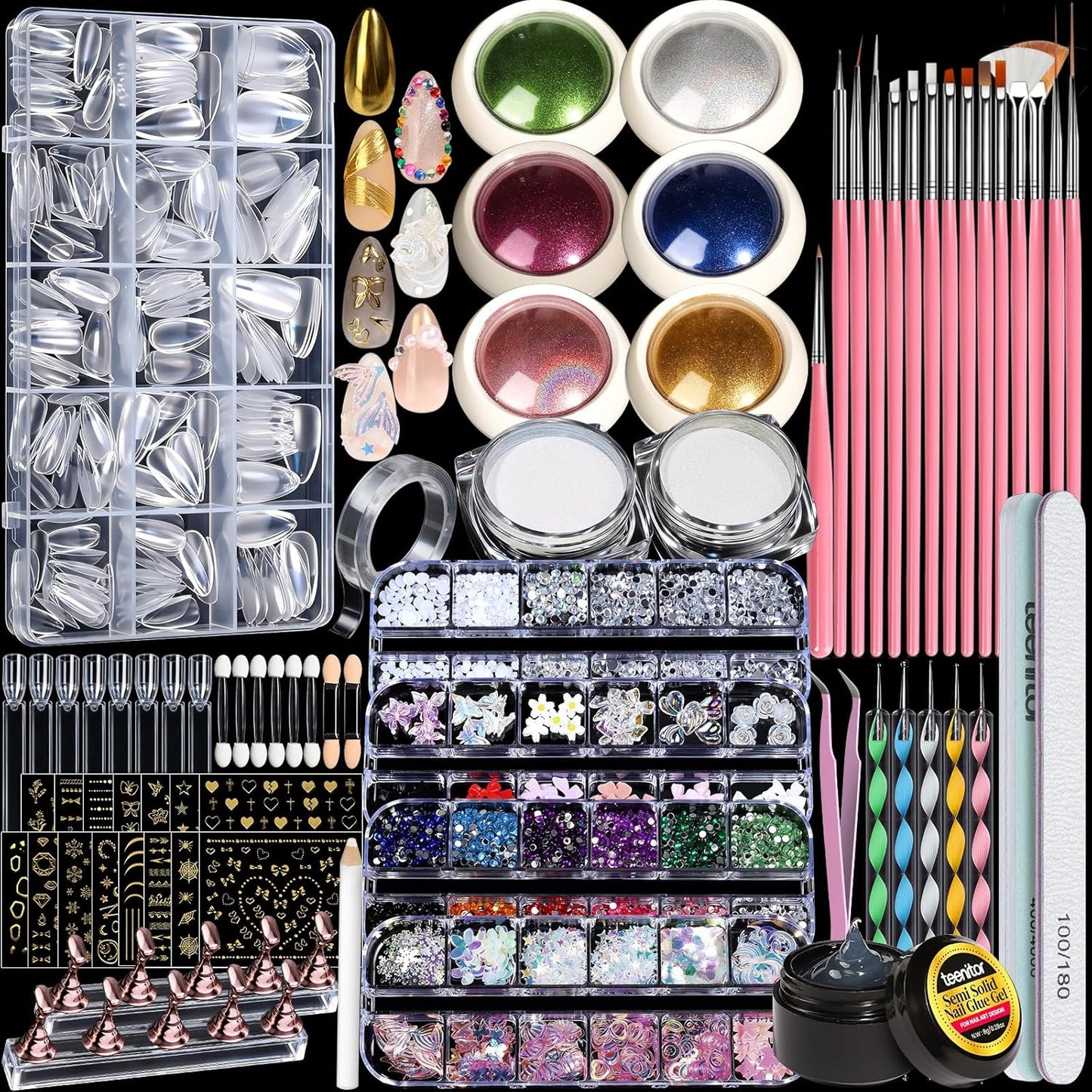 Teenitor Acrylic Nail Kit With Chrome Powder, Almond Tips, Art Brushes, Charms, 3D Gel, Tools, Stand - Beginner Set