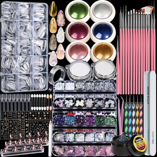 Teenitor Acrylic Nail Kit With Chrome Powder, Almond Tips, Art Brushes, Charms, 3D Gel, Tools, Stand - Beginner Set
