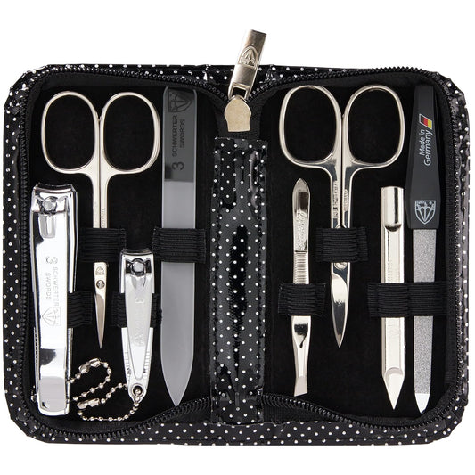 3 Swords Germany - brand quality 8 piece manicure pedicure grooming kit set synthetic leather case black silver spots - Made in Germany