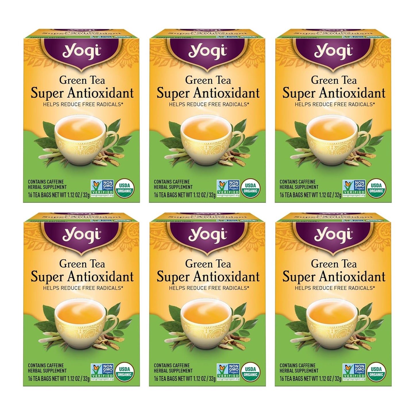 Yogi Tea Green Tea Super Antioxidant Tea - 16 Tea Bags per Pack (6 Packs) - Organic Green Tea for Antioxidant Support - Includes Green Tea Leaf, Licorice Root, Jasmine Green Tea Leaf & More.