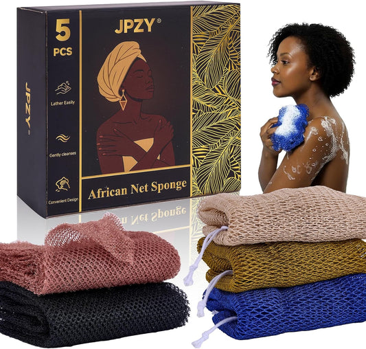 African Sponge Net 5-Piece exfoliating Scrub is Suitable for All Skin Types,Bath Sponge for The face and Body, Durable and Gently Exfoliation