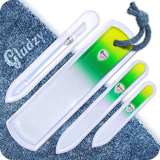 GLADZY Genuine Czech Glass Nail File Set - Callus Remover Foot Rasp, Cuticle Pusher Manicure Stick, Double Sided Etched Different Grit Surface, Professional Nail Care Tool, Made in EU