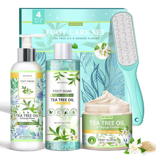 LUCOTIYA Tea Tree & Orange Flower Foot Soak Set - Salts, Foot File, Scrub & Urea Cream Pedicure Supplies for Dry, Cracked Feet - Foot Spa Pedicure Kit for Women Men
