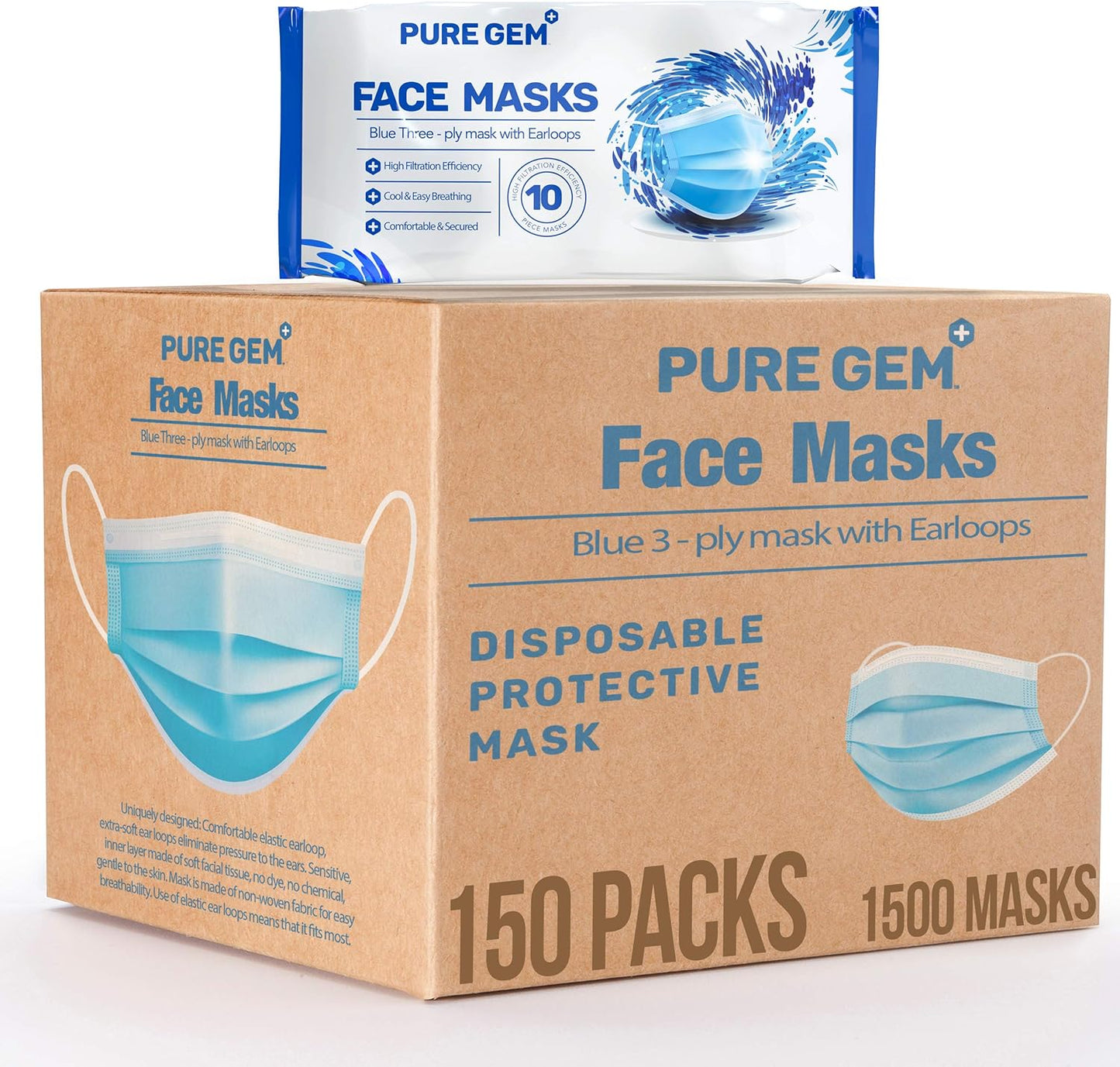 Premium Pack of 1500 (150 x 10 Masks) Single Use Disposable Face Mask, Soft on Skin, Bulk Pack 3-Ply Masks Facial Cover with Elastic Earloops For Home, Office, School, and Outdoors (1500 Pack)