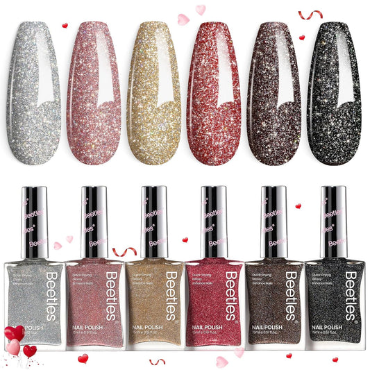 Beetles Glitter Nail Polish Set, 6 Color Silver Pink Gold Red Brown Black Quick Air Dry Nail Polish Natural Elegant Nail Lacquer Manicure DIY Nail Art Salon Christmas Gifts For Women